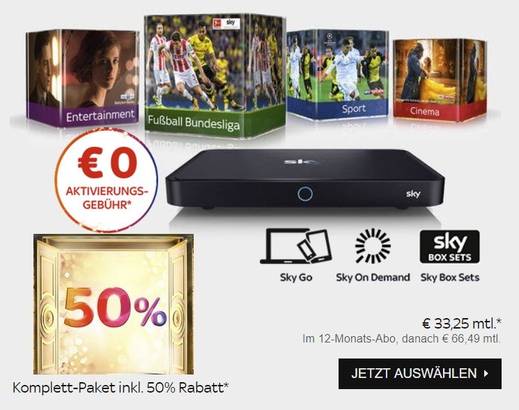 Sky komplett - Aktuell: nur 44,99€ - Januar 2018