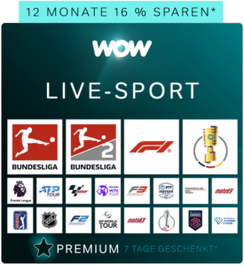 WOW Sport Angebot inkl. Bundesliga, Formel 1, Premier League Live ⚽ JETZT: Streaming-Abo ab 29,99€ mtl. (16% Rabatt)